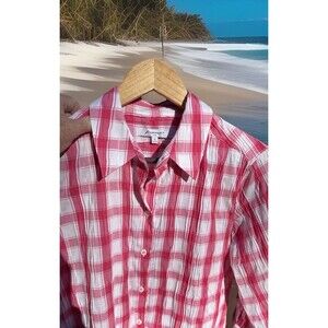 Foxcroft NYC Crinkle Shirt Pink White Check Ladies Size 8 Shaped NWT $79